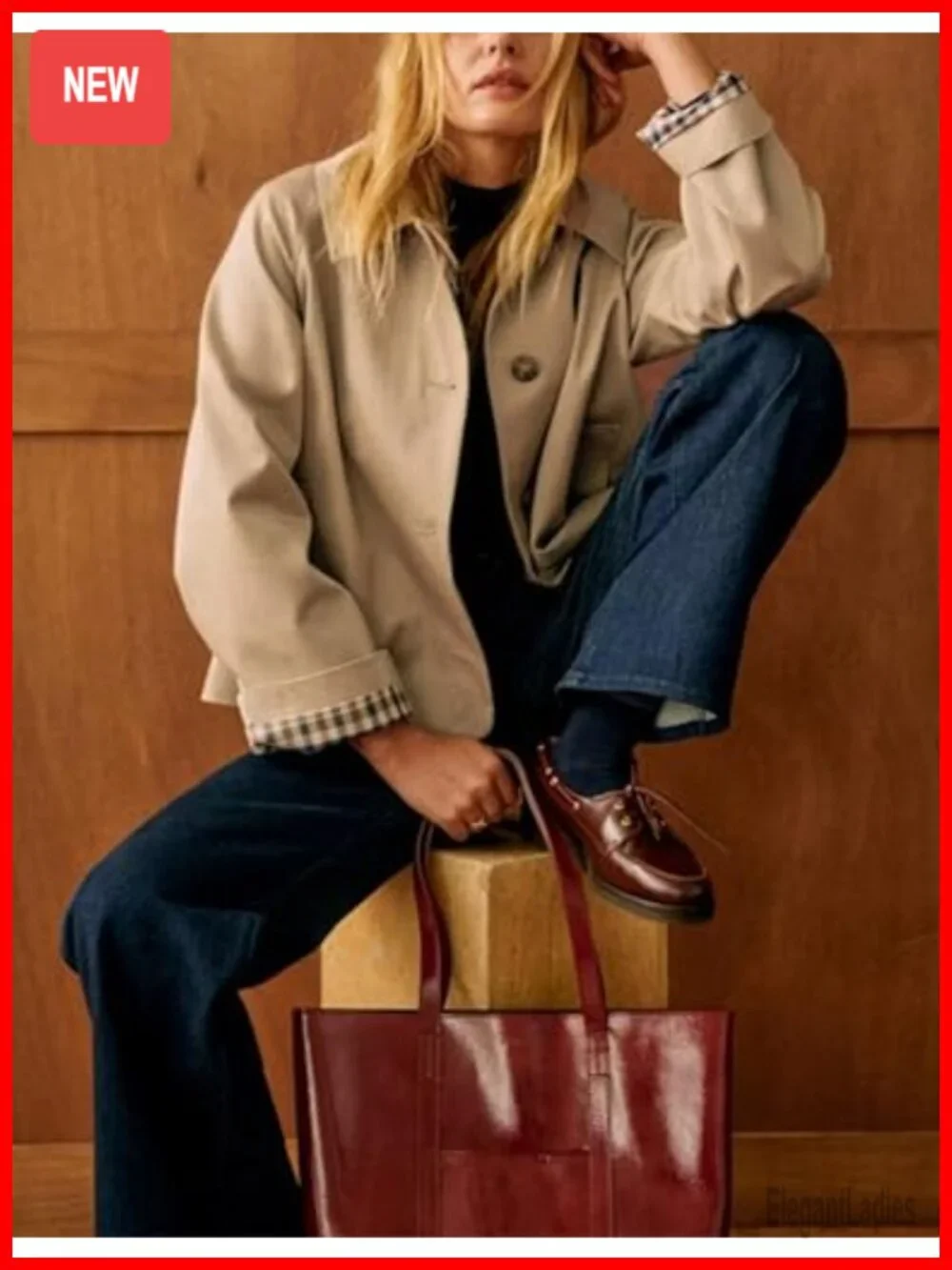 Women's Oversize Trench Coat Plaid Lining Lapel Button Down Casual Crop Jacket